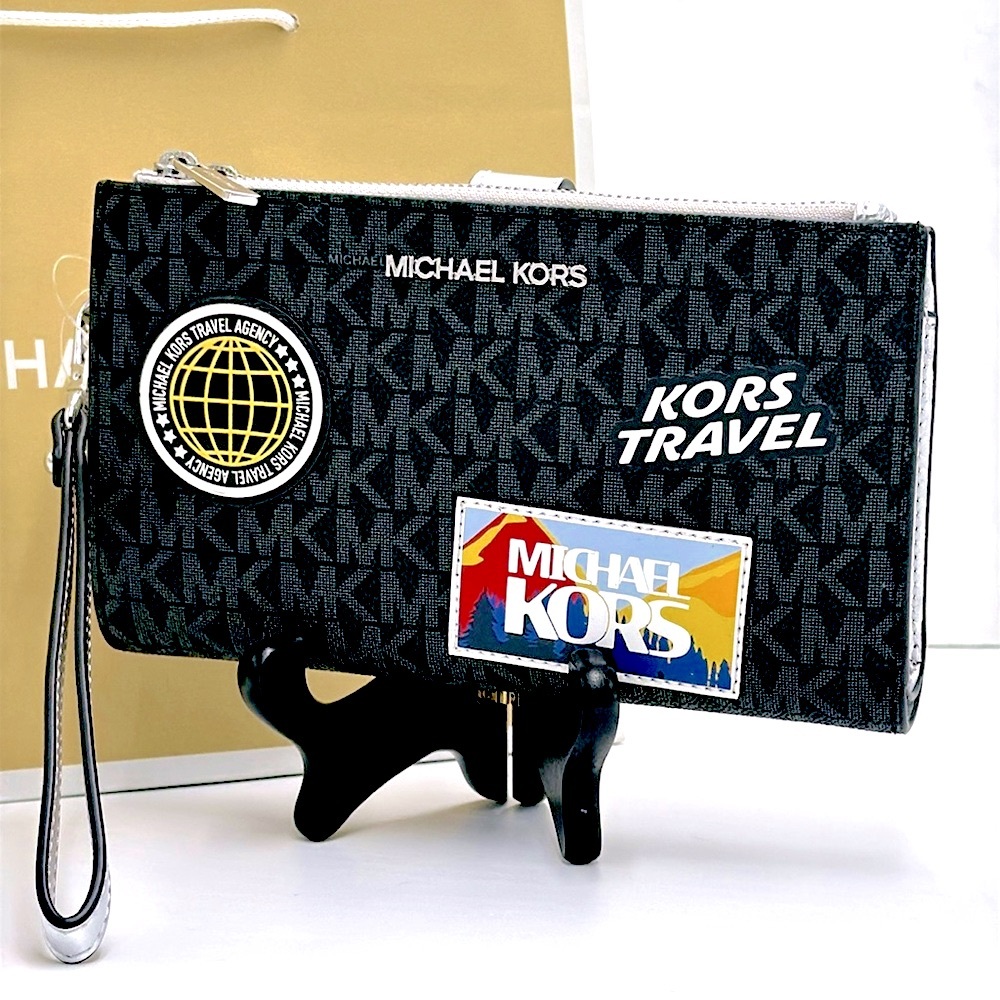 MICHAEL KORS Jet Set Travel Large Embellished Signature Logo Wristlet BLACK